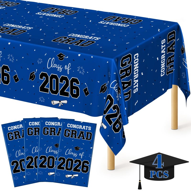 QZYL 4 Pack Graduation Tablecloth, 54" x 108" Blue Graduation Table Decorations 2026, Plastic Table Cloth for Class of 2026 Congrats Grad, Rectangle Disposable Grad Party Decorations Supplies Favors