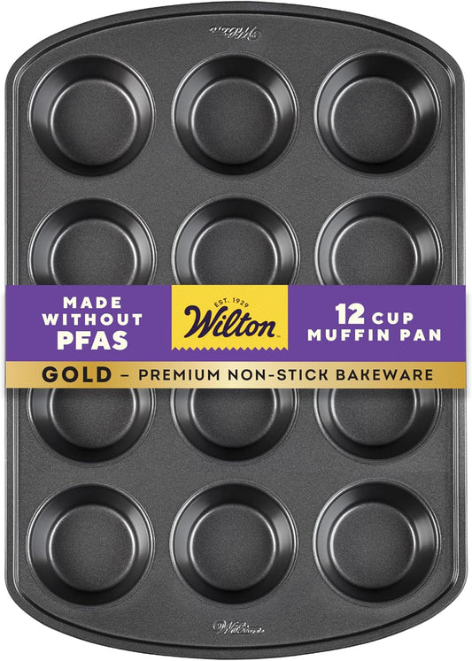 Wilton Gold Non-Stick Muffin Pan | PFAS-Free, Dent Resistant, Dishwasher Safe - 12 Cup, 10.5 x 15 x 2 Inches