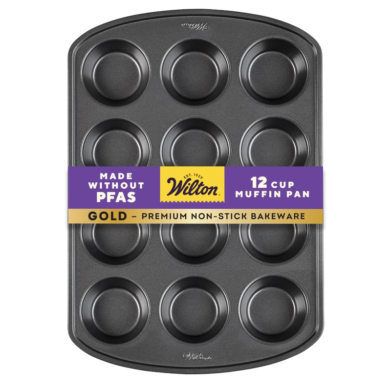 Wilton Gold Non-Stick Bakeware Muffin Pan - Baking Pan for Muffins & Cupcakes - Made Without PFAS, Dent Resistant & Dishwasher Friendly - Offers Even Heat Distribution - 10.5 x 15 x 2 Inches, 12 Cup