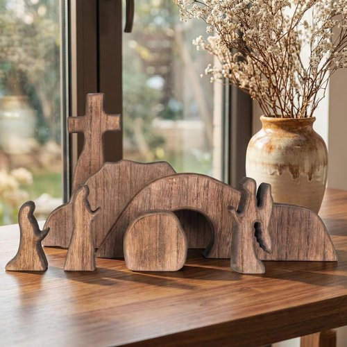 IoF Easter Decorations - Wooden Easter Decoration, He Risen Resurrection Scene Empty Tomb Chirstian Easter Decor for Home Office (Dark Wood Brown)