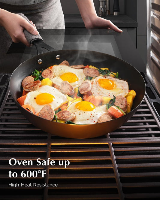 Yonida Carbon Steel Pan, 10 Inch Nonstick Frying Pan Skillet, Pre-Seasoned Carbon Steel Cookware with Removable Silicone Handle Holder, Indoor/Outdoor, Induction & Oven Safe