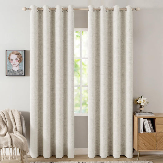 MIULEE Blackout Linen Curtains - 100% Thermal Insulated Room Darkening Drapes | Beige, 52x84 Inch (2 Panels)
