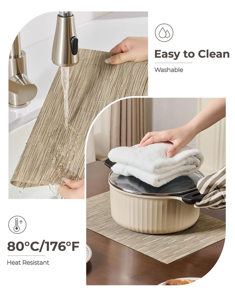 Leetaltree Light Brown Placemats Set of 12 - Heat Resistant Non-Slip Place mats for Dining Table, Washable Durable PVC Vinyl Woven Table Mats（Light Brown, 12）