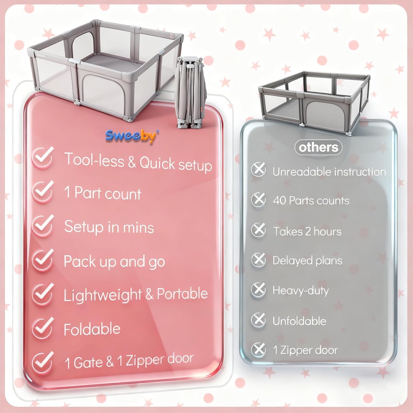 Sweeby Baby Playpen - Extra Large 59x59 Inch Foldable Play Yard with Door for Indoor/Outdoor Use - Gray
