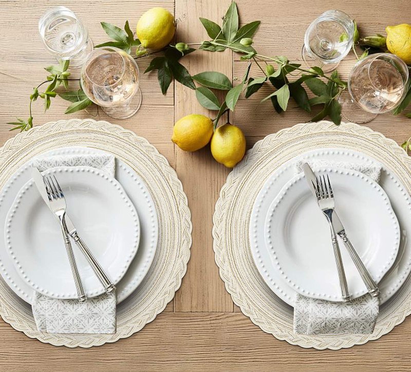 SHACOS Round Placemats Set of 4 Boho Braided Border Place Mats for Dining Tables Wedding Holiday Party (Ivory Bordered, 4)