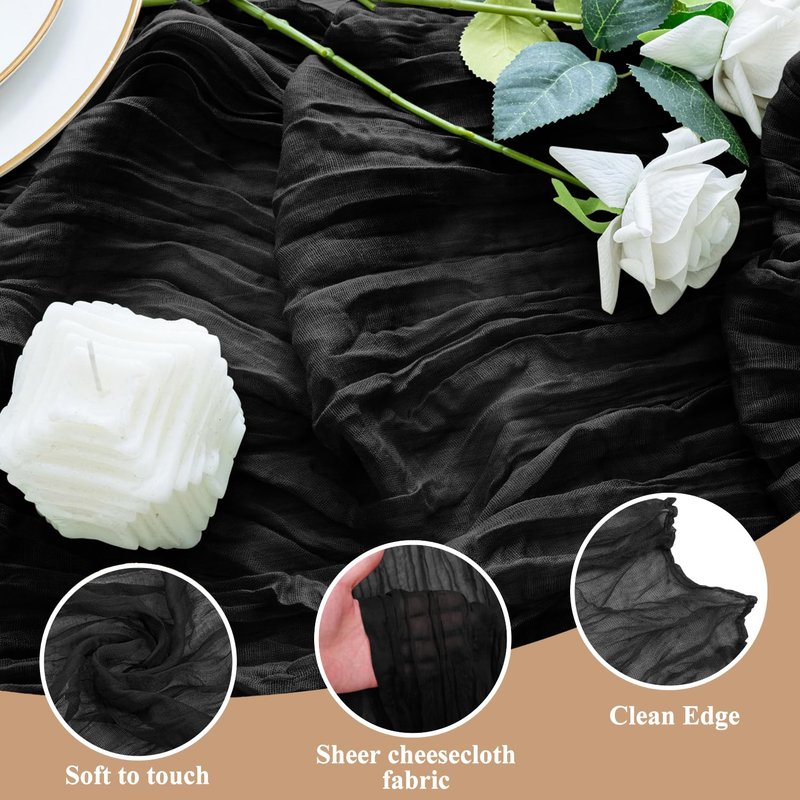 Xiomot Table Runner Cheesecloth 10FT Black Boho Gauze Cheese Cloth Rustic Sheer Table Runners for Wedding Birthday Bridal Baby Shower Party Decoration