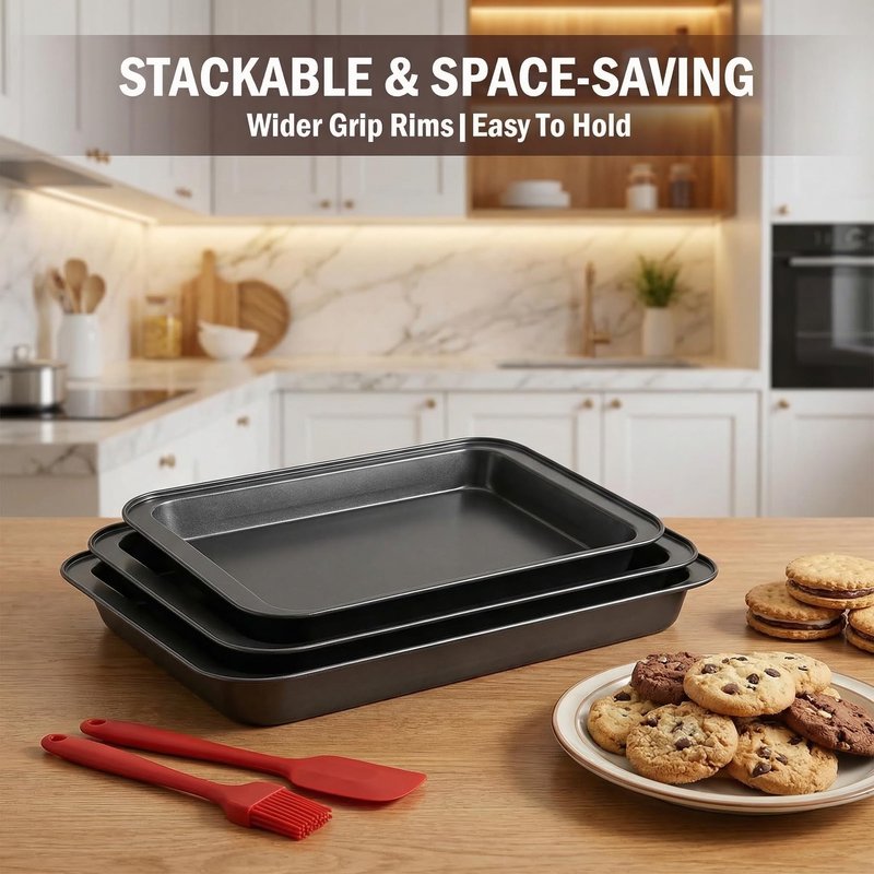 Baking Sheet Pan Set of 3, Nonstick Stackable Bakeware, Multi-Depth Rectangle Oven Pans, Rust & Warp Resistant Black, Easy Clean