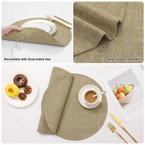 homing 15 Inch Round Cloth Placemats Set of 6, Cotton Linen Blend Washable Table Mats, Farmhouse Dining Place Mats for Indoors & Outdoors, Easy to Clean, Linen