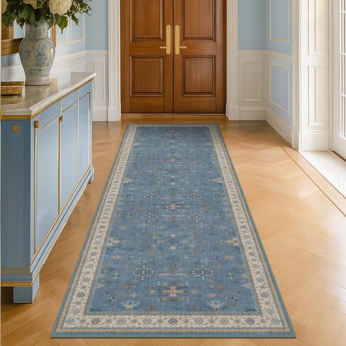 Boho 2'6" x 10' Wide Runner Rug - Light Blue Washable Non-Slip Entryway Rug for Hallway Décor