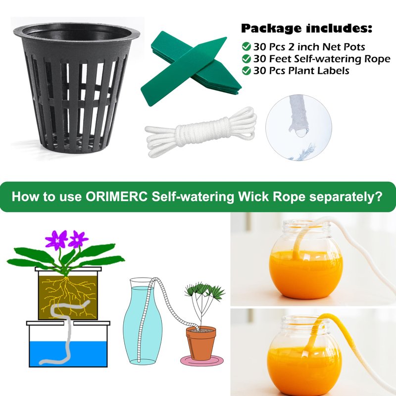 ORIMERC 2 inch Net Cups Pots 30 Pack with 30 feet Self Watering Wick & 30 Plant Labels for Hydroponics Aquaponics Planter Indoor Outdoor Growing Baskets Slotted Mesh UV Resistant & BPA Free