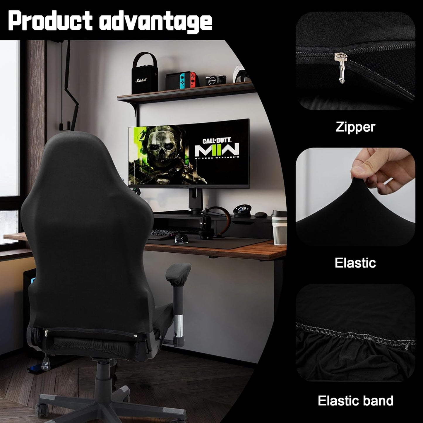 BIETYONE Gaming Chair Cover - Stretchable Ergonomic Slipcover for Cat Scratch Protection | Black