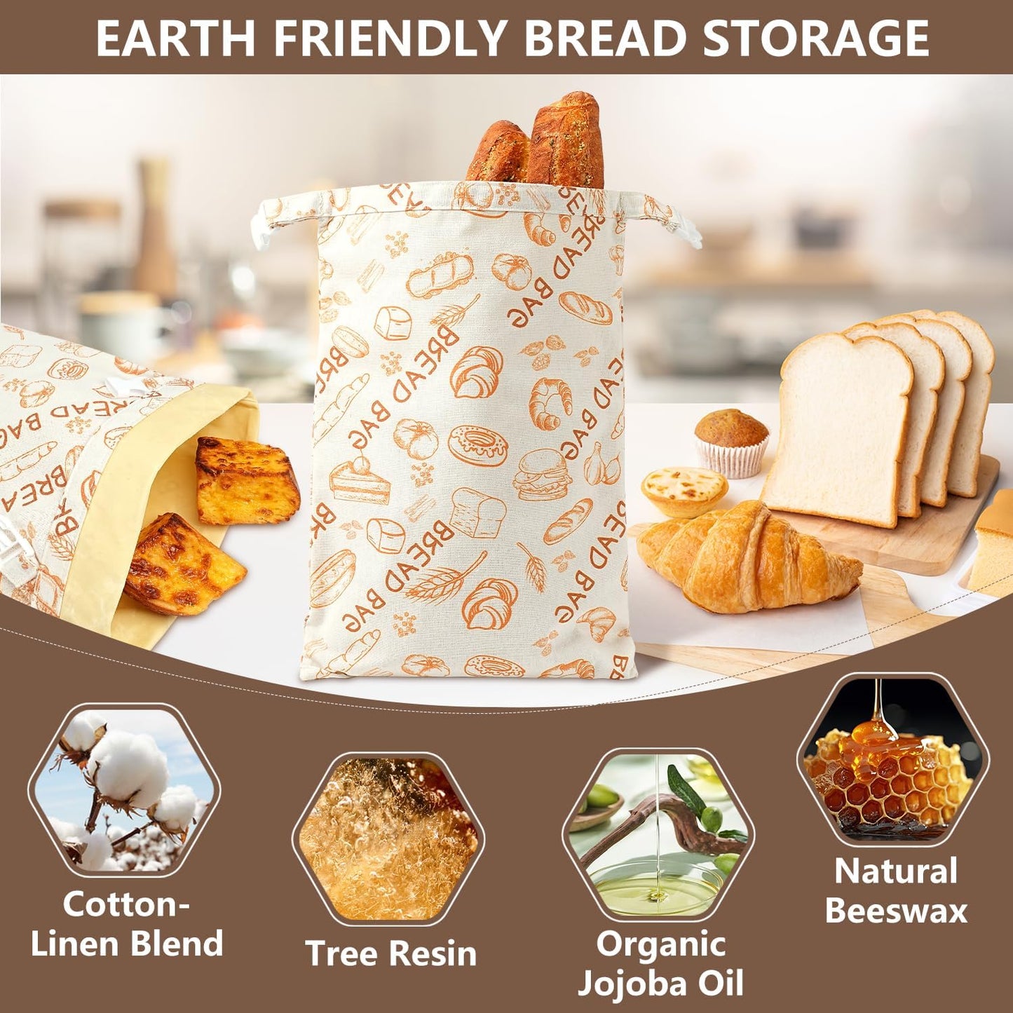 Skiennix Reusable Beeswax Bread Bags - Eco-Friendly Food Storage for Sourdough & Homemade Bread | 2 Pack, Large Capacity