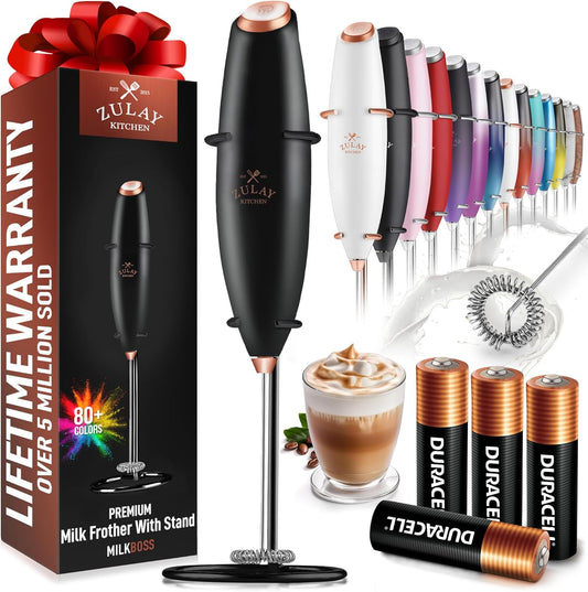 Zulay Kitchen Milk Frother Wand - Ultra-Fast Handheld Electric Whisk for Coffee & Lattes - Black Copper