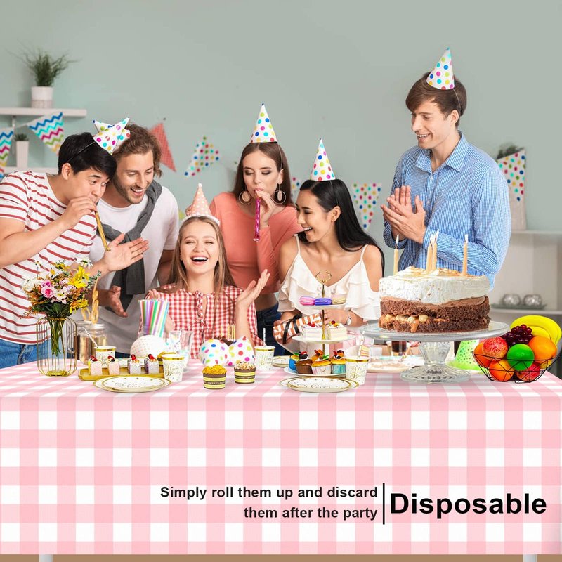 LIKAJON 2 Pack Pink and White Checkered Tablecloth, Pink Plastic Table Cloths for Parties Disposable, 54x108 in Waterproof Rectangular Pink Gingham Camping Tablecloth for Birthday, Party, Baby Shower