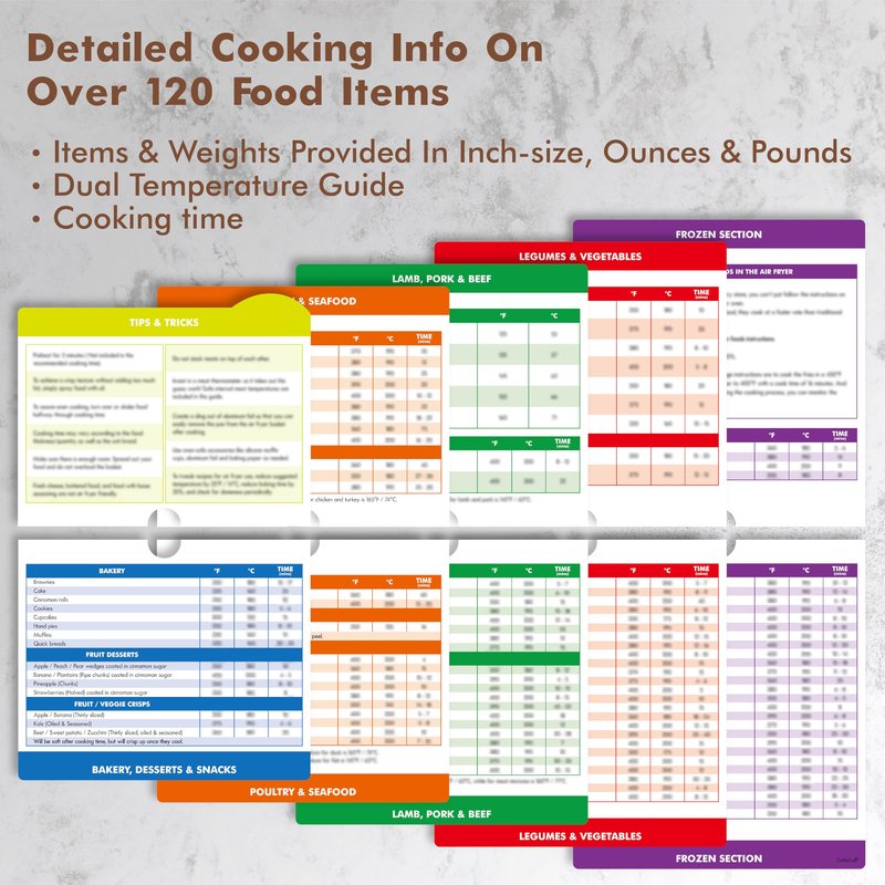 Magnetic Air Fryer Cheat Sheet, Air Fryer Cooking Guide Booklet with 72 Removable Blank Labels, Cooking Time Temp Chart Recipe Guide for Quick Reference