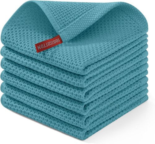 Homaxy Kitchen Dish Cloths - Ultra Soft 100% Cotton Waffle Weave, Quick Drying, 12 x 12 Inches, 6-Pack, Lake Blue