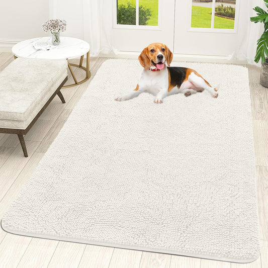 OLANLY Dog Door Mat - Absorbent Non-Slip Chenille Mat for Muddy Paws | 59x35 Inches, Ivory Color