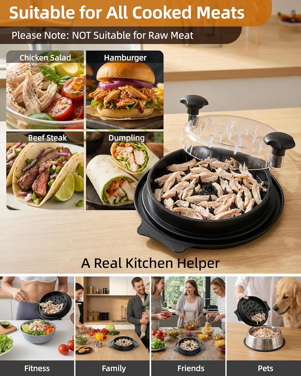 Skiennix Chicken Shredder - Large BPA-Free Meat Shredder Tool with Tray & Brush | Anti-Slip Design, Black