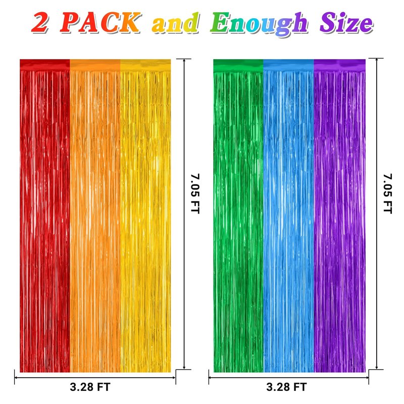 2 Pack Rainbow Backdrop Curtains, 3.28 FT x 7.05 FT Colofull Party Decorations, Metallic Tinsel Backdrop Fringe Curtains Party Streamer, Rainbow Party Supplies for Wedding Birthday Party Engagement