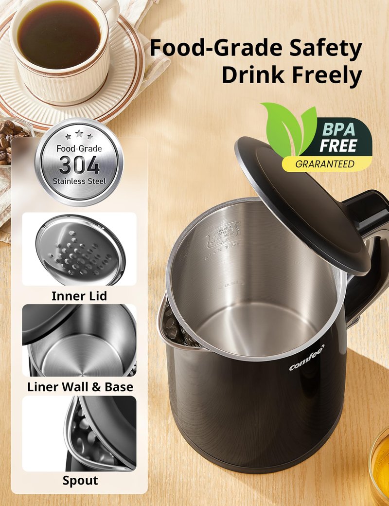 COMFEE' Electric Kettle and Tea Kettle, 1.5L Double Wall, Stainless Steel Interior, Lid & Spout, Fast Boil, Auto-Off, and Boil-Dry Protection, 1500W