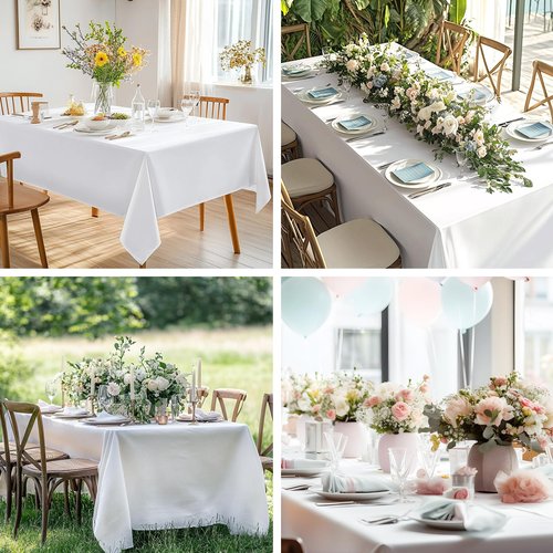 Fixwal White Tablecloth Rectangle 70 x 120 Inch, 2 Pack 6-8ft Polyester Fabric Table Cloths Rectangular Table Covers for Party, Banquet, Dining, Birthday, Wedding
