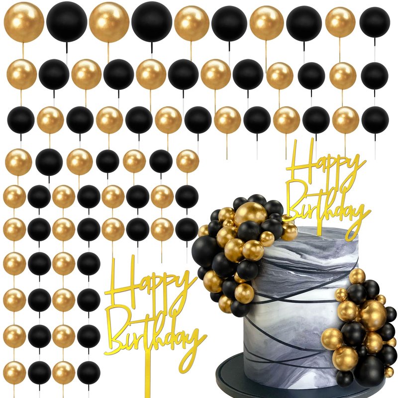 75 PCS Black and Gold Cake Decorations Balls Happy Birthday Insert Cards for DIY Cake Decoration Baby Shower Wedding Birthday Party