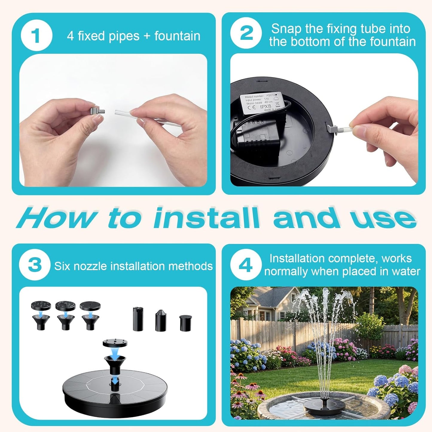 AMZtime Solar Fountain - Upgraded Mini Solar Powered Pump for Bird Bath, Garden, Pond & Pool