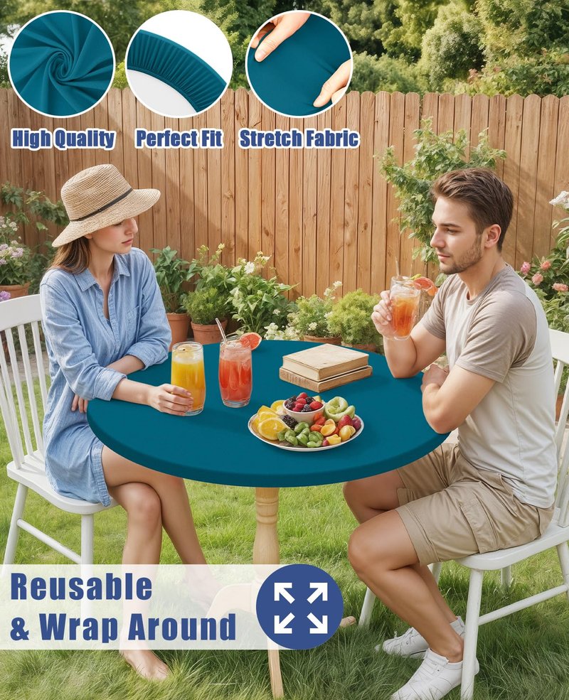 Moosfor Round Spandex Tablecloth, Elastic Fitted Waterproof Tablecloths for 25"-30" Tables, Stretch Washable Picnic Table Cover for Camping, Dining, Indoor and Outdoor,Peacock Blue