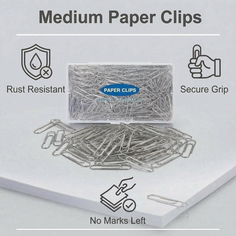 Krvyrn 400 Pcs Medium Paper Clips,1.3 inch Smooth Paperclips Metal Paper Clip for Office, School and Teacher Supplies