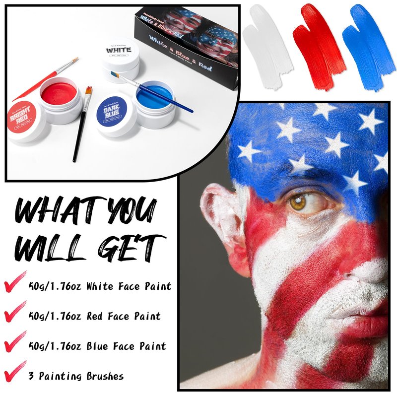 TonJin White Red Blue Face Body Paint Set 5.28oz,Non-Toxic Professional Facepaint Makeup Kit with 3 Brushes for 4th of July USA Independence Day Football Softball Players Clown Spiderman