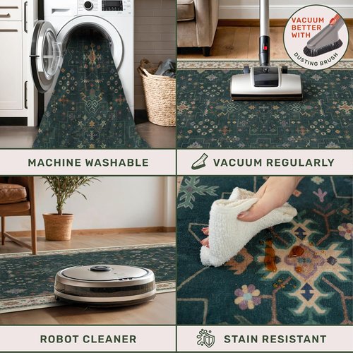 Hazo Haus Dark Green Vintage Living Room Rug - Boho Floral Design, Washable 9x12 Non-Slip Area Rug