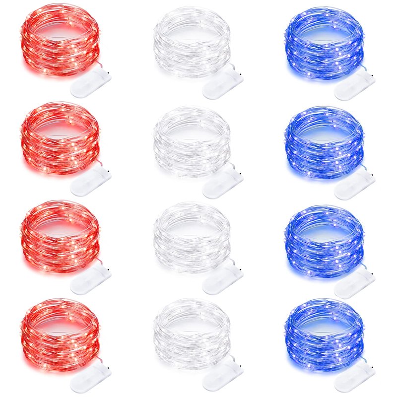 12 Pack 4th of July Lights 7 Feet 20 Led Waterproof Red White and Blue Lights Silver Wire Firefly Starry Moon Lights for Bedroom Independence Day Fouth of July Decor (Red & White & Blue)