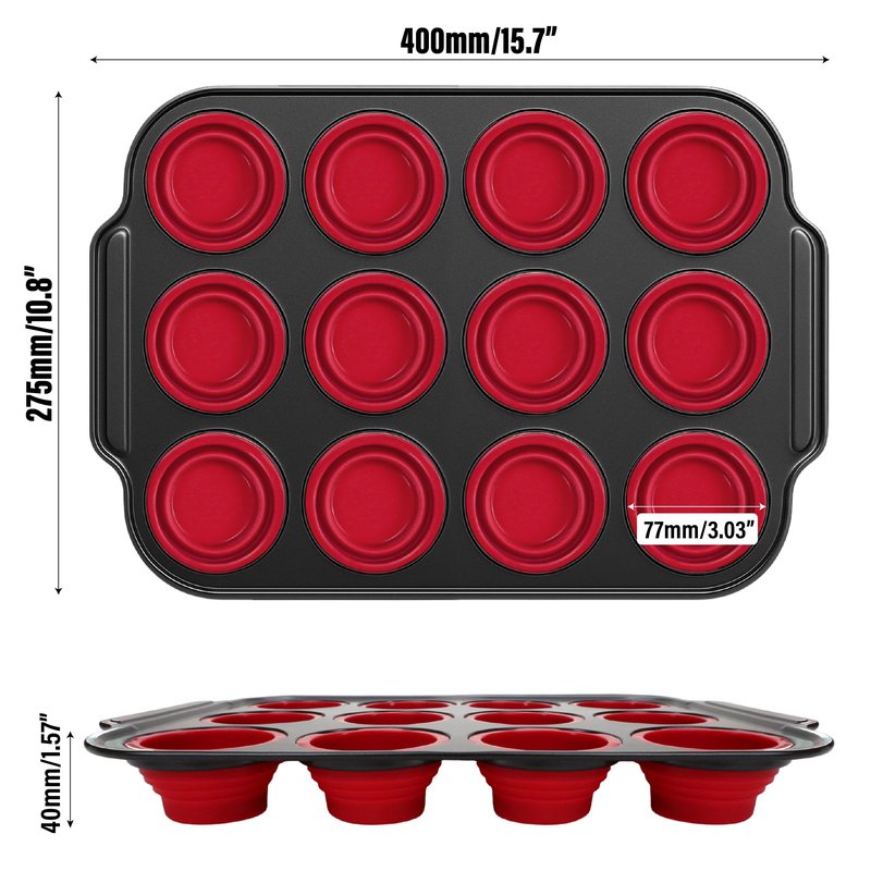 KH866 Silicone Muffin Pan with Metal Frame Nonstick 12 Cup Regular Size Cupcake Tin Bakeware Easy to Pop Egg Bite Molds Oven and Dishwasher Safe Pan Maker Tins Red Cups Non Toxic Baking Cup