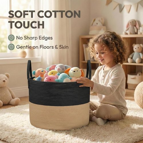JMvicyroam Extra Large Blanket Basket - Woven Cotton Rope Laundry Hamper with Reinforced Handles | Black & Jute, Machine Washable