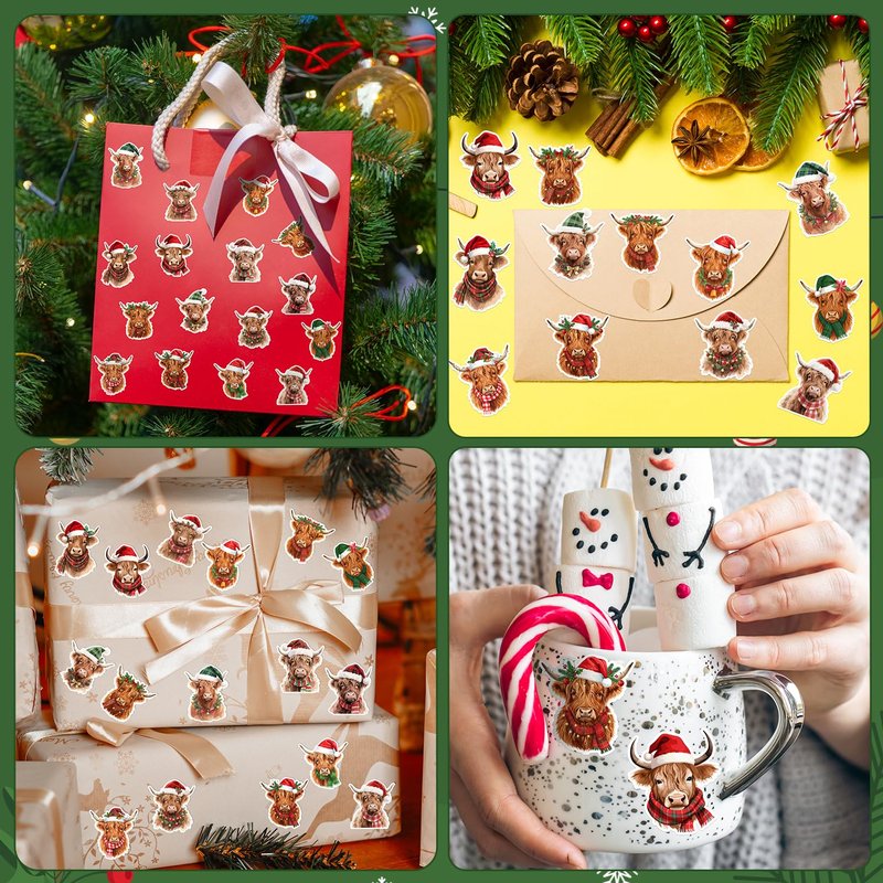 BkeeCten Christmas Highland Cow Sticker - 600 Pcs Christmas Highland Cow Waterproof Vinyl Reusable Laptop Sticker Coloring Book Scrapbook Water Bottle Page Activity Pad Party Favor Skateboard Giftwrap