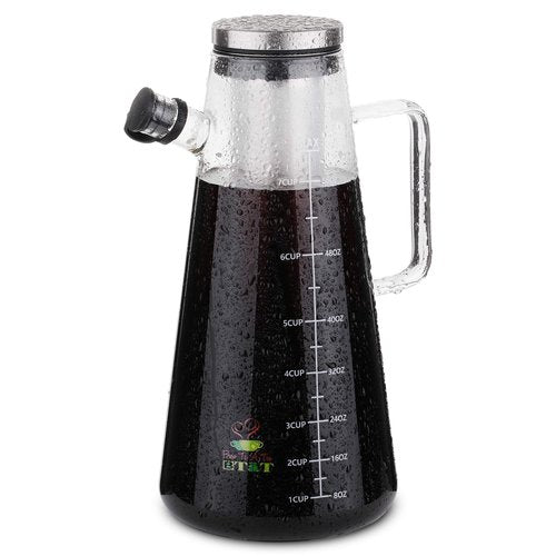 BTaT- Airtight Cold Brew Iced Coffee Maker Pitcher, 2 Liter/ 64 oz, Iced Tea Maker with Spout, Brewing Glass Carafe with Removable Stainless Steel Filter