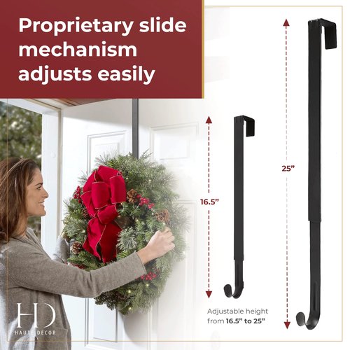 Haute Decor 2-Pack Adapt Adjustable Length Over The Door Wreath Hanger Hook - 2PACK - Strong, Holds up to 20 lbs. (Matte Black)