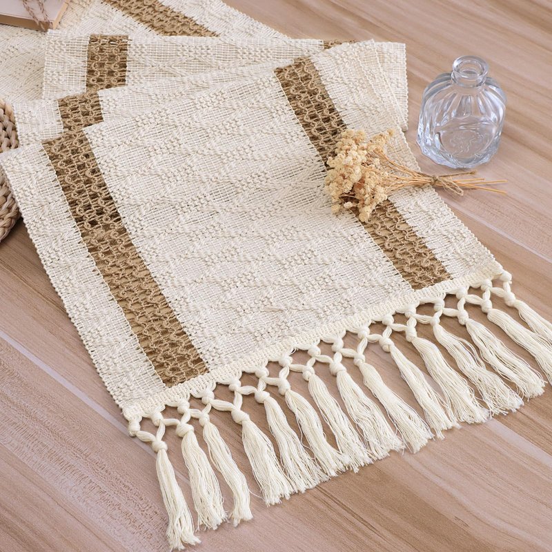 OTOSTAR Boho Table Runner with Tassels 108 Inches Long Farmhouse Rustic Table Runner Macrame Burlap Table Decoration for Home Decor Living Room Bridal Shower, Double Striped (12x108 Inches)