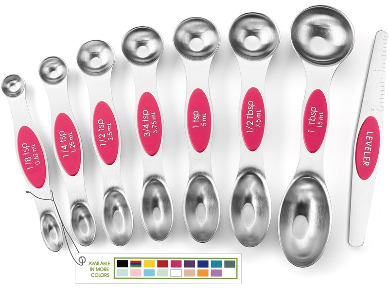 Spring Chef Pink Stainless Steel Magnetic Measuring Spoons Set of 8 with Leveler, Dual Sided Teaspoon & Tablespoon Measuring Set for Dry and Liquid Ingredients, Kitchen Gadgets for Baking & Cooking
