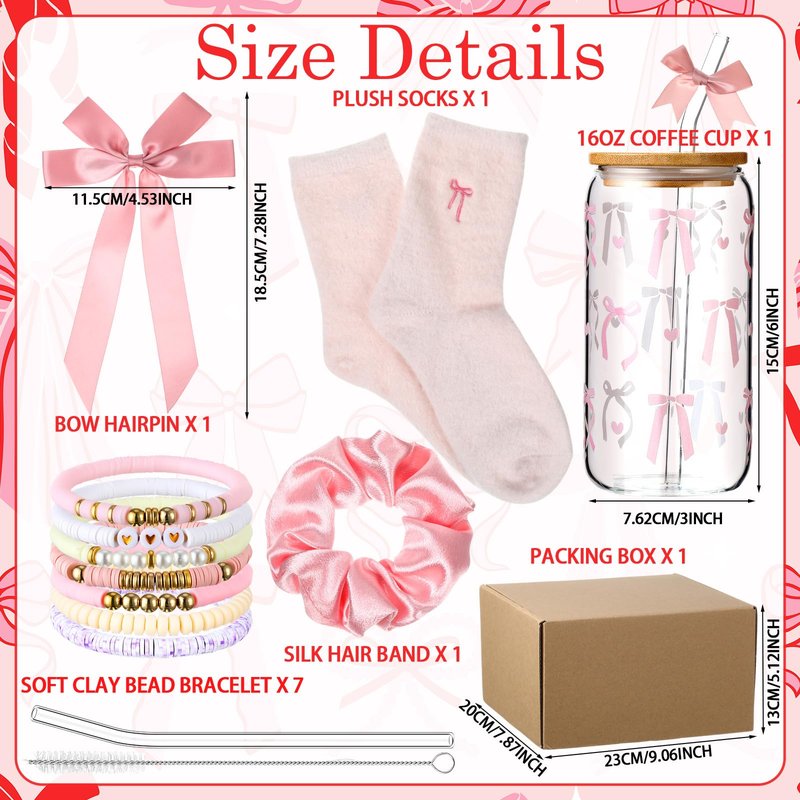Remerry 14 Pcs Coquette Pink Bow Birthday Gift for Women Happy Birthday Gift Box for Teen Daughter Her Sister, Pink Bow Gifts Basket Set with Coquette Glass Cup for Teacher Teen Girls Friends Female