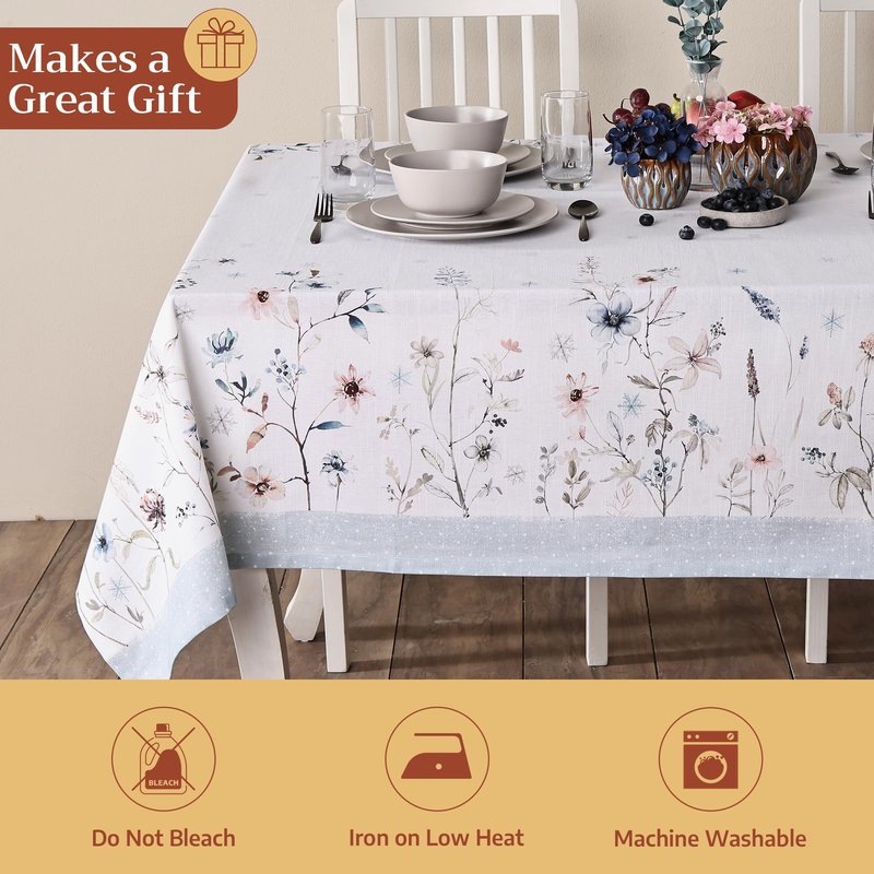 Maison d' Hermine Table Cloth Rectangle Table 100% Cotton 60 x 90 Inches Fall Tablecloth Reusable Everyday Use for Thanksgiving Christmas Decorations Dining Farmhouse Party (Ice Florals)