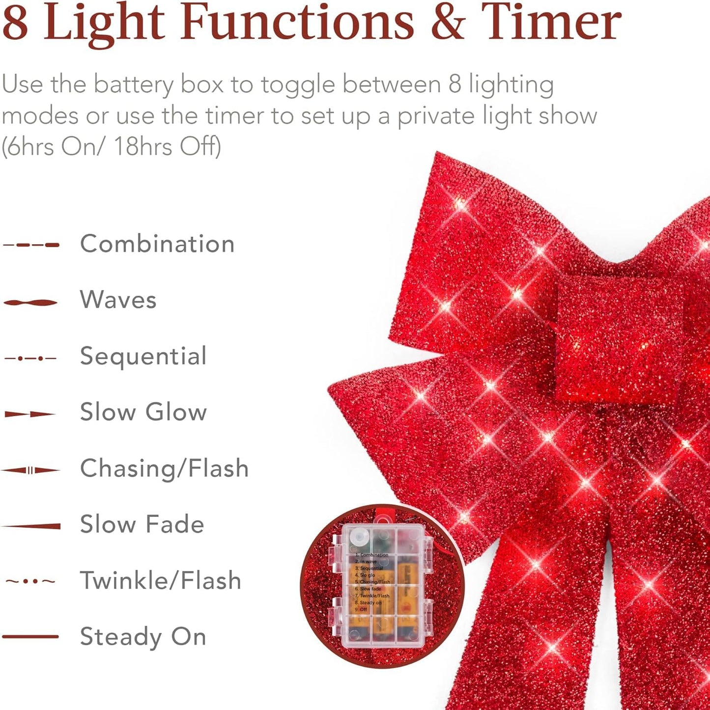 Pre-Lit Large XL Christmas Bow Decoration, Large Outdoor LED Holiday Yard Décor w/ 30 Lights, 8 Light Functions, Timer, Hanging Hook (Red)