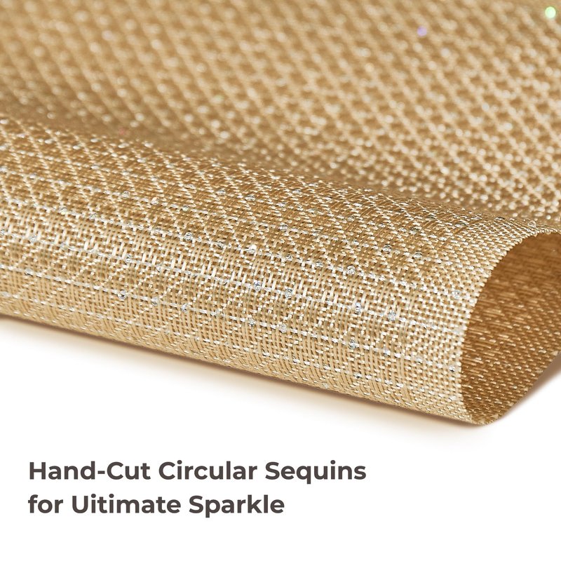 Leetaltree Sparkling Gold Sequin Woven Vinyl Placemats, Set of 6 - Waterproof & Washable Dining Table Mats for Wedding, Anniversary, Daily Use, Hand-Cut