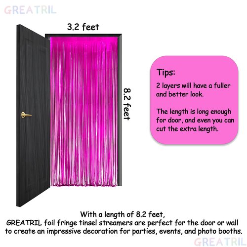 Hot Pink Party Streamers Backdrop - GREATRIL Shiny Fuchsia Tinsel Foil Fringe Curtain for Birthday/Flamingo/Fancy/Galentine/Breast Cancer Awareness Decorations - 3.2ft X 8.2ft - 2 Packs