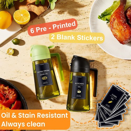 CXINYI - 16oz Olive Oil Dispenser with Stickers - 2-in-1 Sprayer for Cooking & Salads, Black