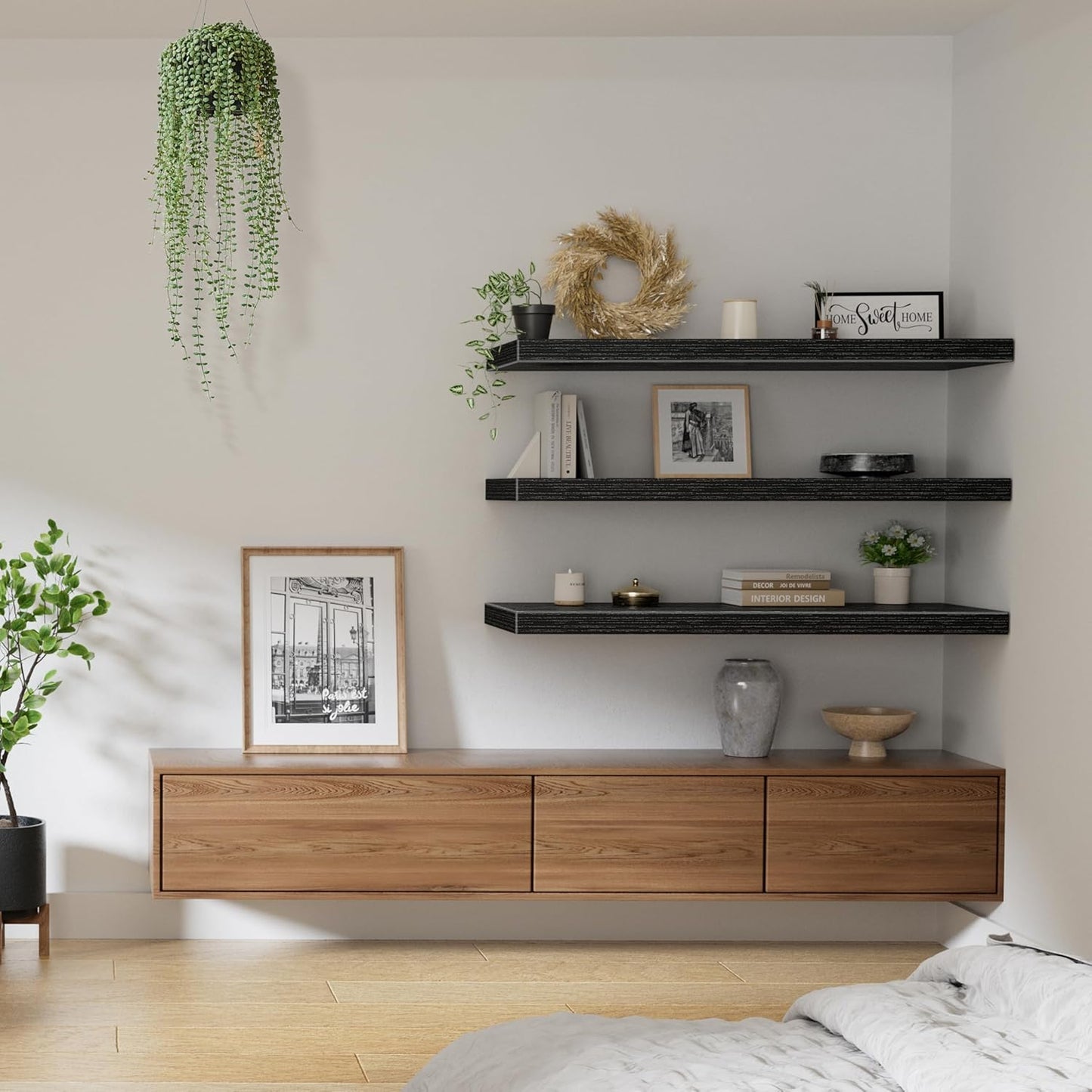 QEEIG 12" Deep Floating Shelves - Set of 3 Black Bookshelves for Bathroom, Bedroom, Kitchen & Living Room