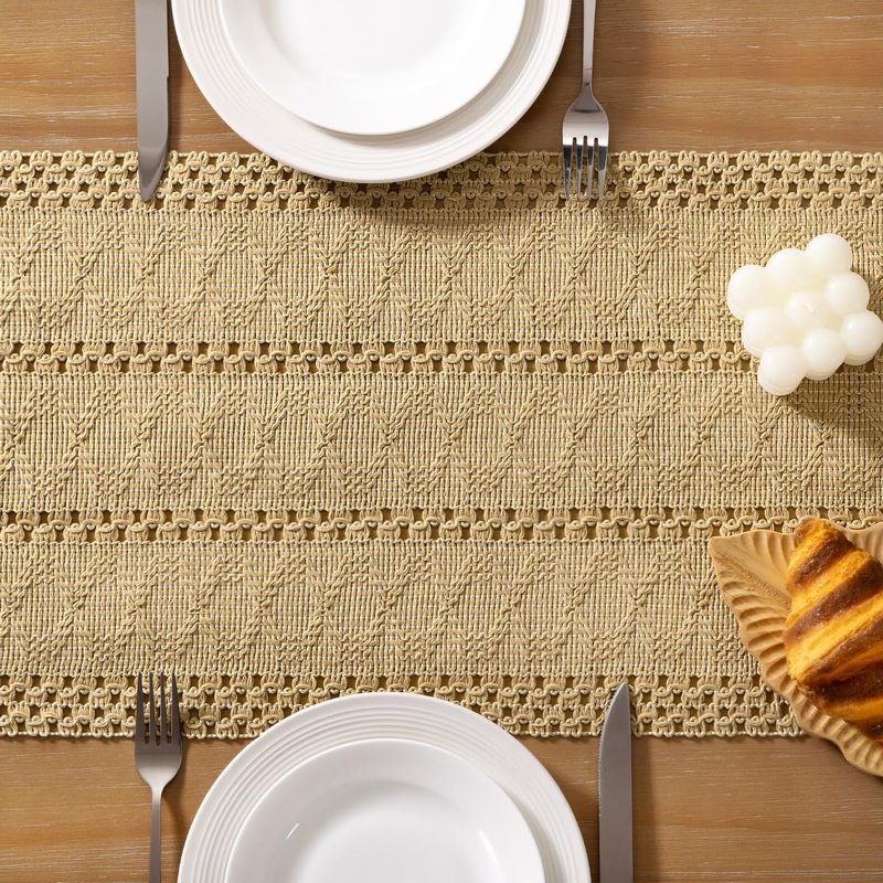 Socomi Boho Table Runner Summer Farmhouse Rustic Dining Kitchen Centerpiece Decor Small Macrame Woven Cotton Linen Coffee Table Runner for Dresser Scarf Home Decor 12x48 inch Champagne