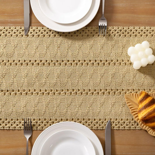 Socomi Boho Table Runner Summer Farmhouse Rustic Dining Kitchen Centerpiece Decor Small Macrame Woven Cotton Linen Coffee Table Runner for Dresser Scarf Home Decor 12x48 inch Champagne