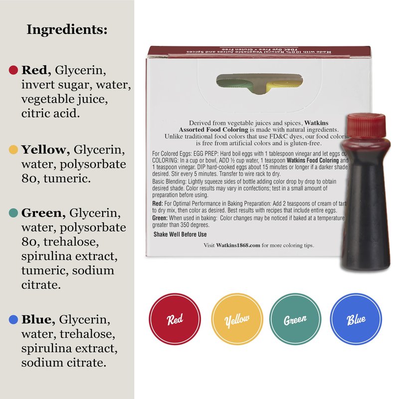 Watkins Assorted Food Coloring, 1 Each Red, Yellow, Green, Blue, Total Four 0.3 oz bottles, 4 Count (Pack of 1)
