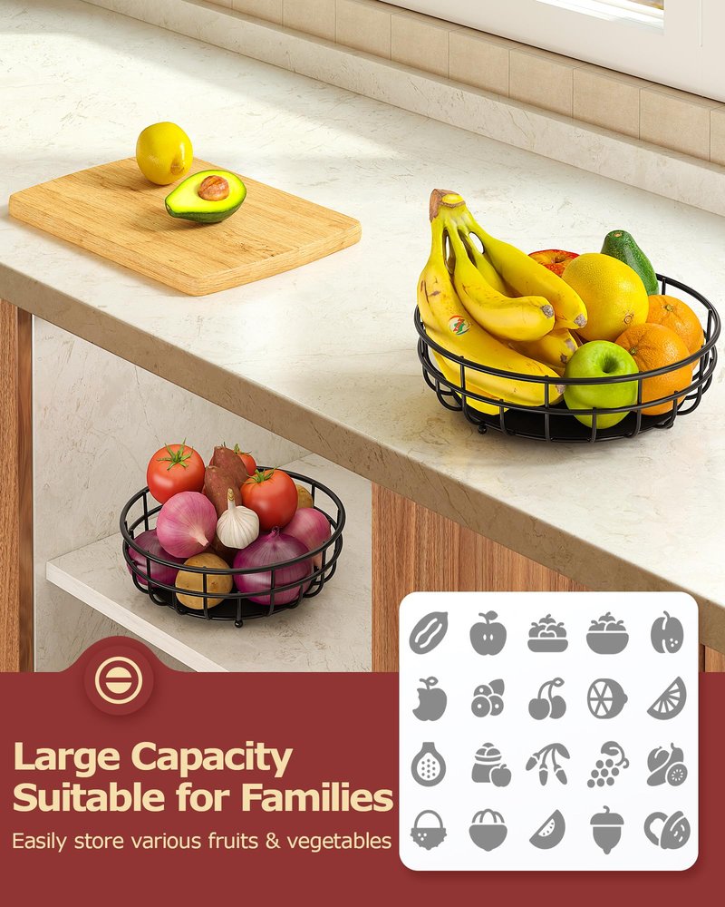 Sevenblue 2 Tier Large Fruit Basket for Kitchen Counter with Removable Banana Hanger - Sturdy Iron Fruit Bowl for Kitchen Counter and Vegetable Holder, Fruit Holder for Kitchen Countertop, Black